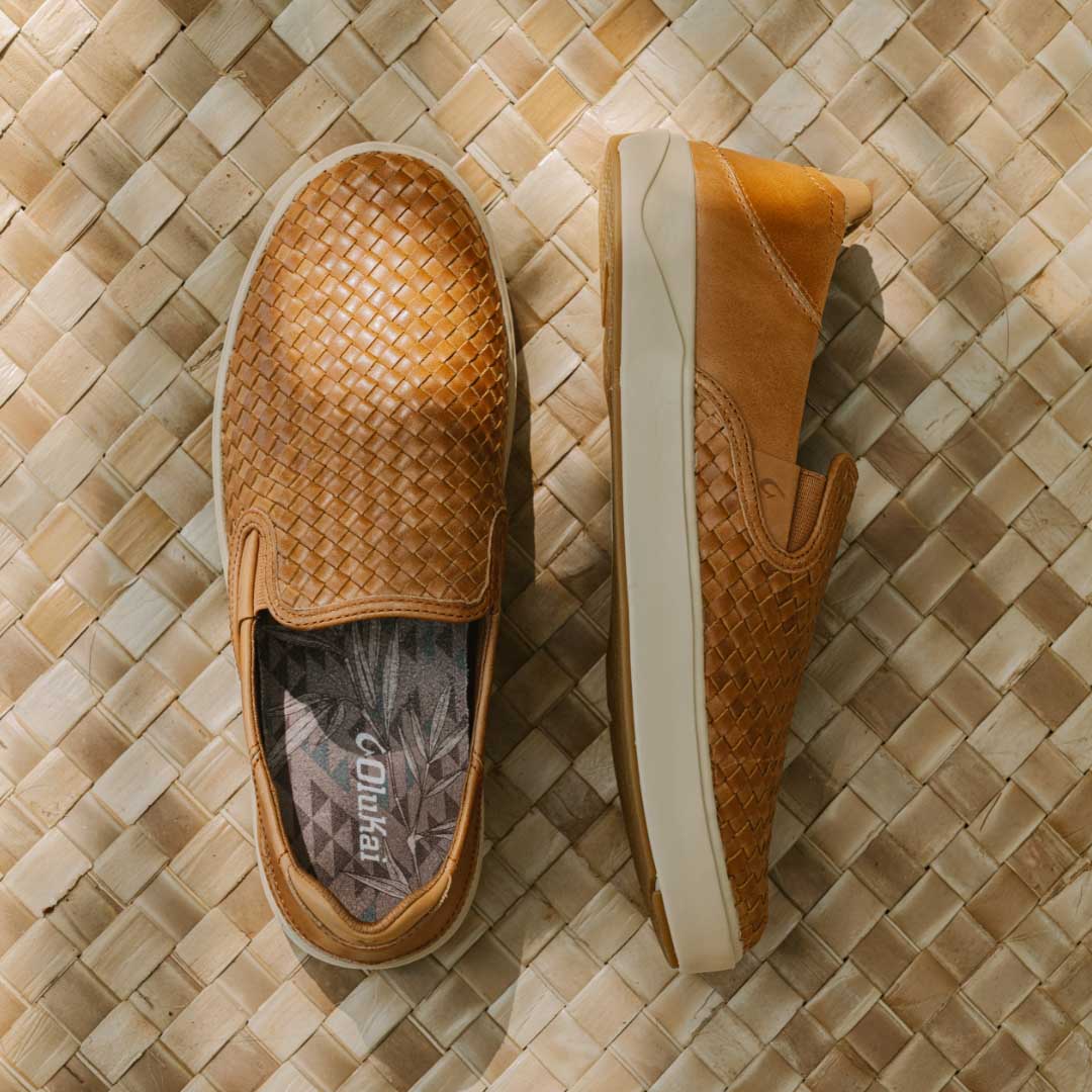 OluKai Lae‘ahi Lauhala Men's Leather Slip-On Sneakers - Fox