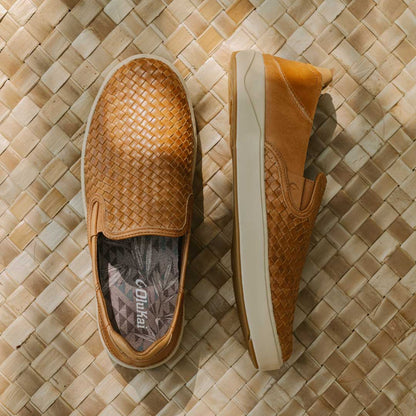 OluKai Lae‘ahi Lauhala Men's Leather Slip-On Sneakers - Fox
