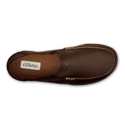 OluKai Moloā Men's Leather Slip On Shoes - Dark Wood / Dark Java