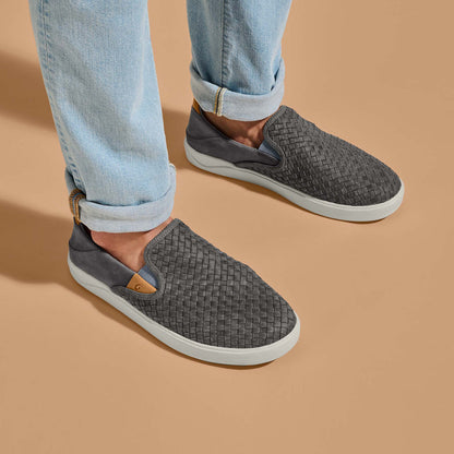 OluKai Lae‘ahi Lauhala Men's Leather Slip-On Sneakers - Ash