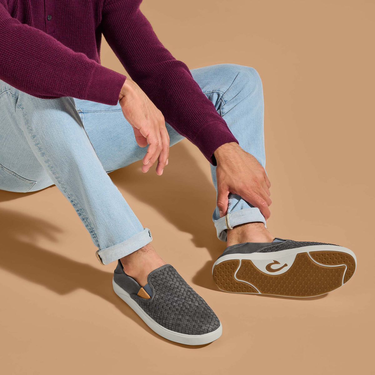 OluKai Lae‘ahi Lauhala Men's Leather Slip-On Sneakers - Ash