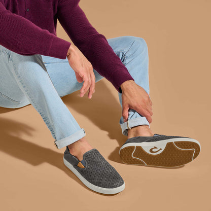 OluKai Lae‘ahi Lauhala Men's Leather Slip-On Sneakers - Ash