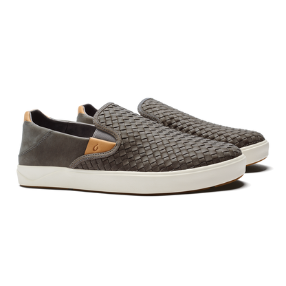 OluKai Lae‘ahi Lauhala Men's Leather Slip-On Sneakers - Ash