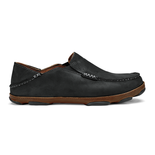 OluKai Moloā Men's Leather Slip On Shoes - Black / Toffee