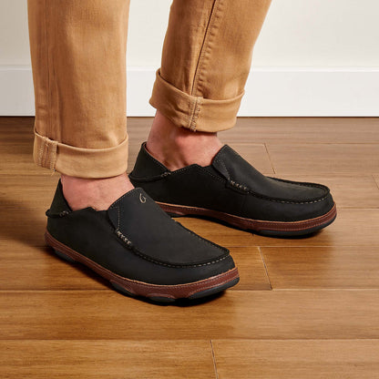 OluKai Moloā Men's Leather Slip On Shoes - Black / Toffee