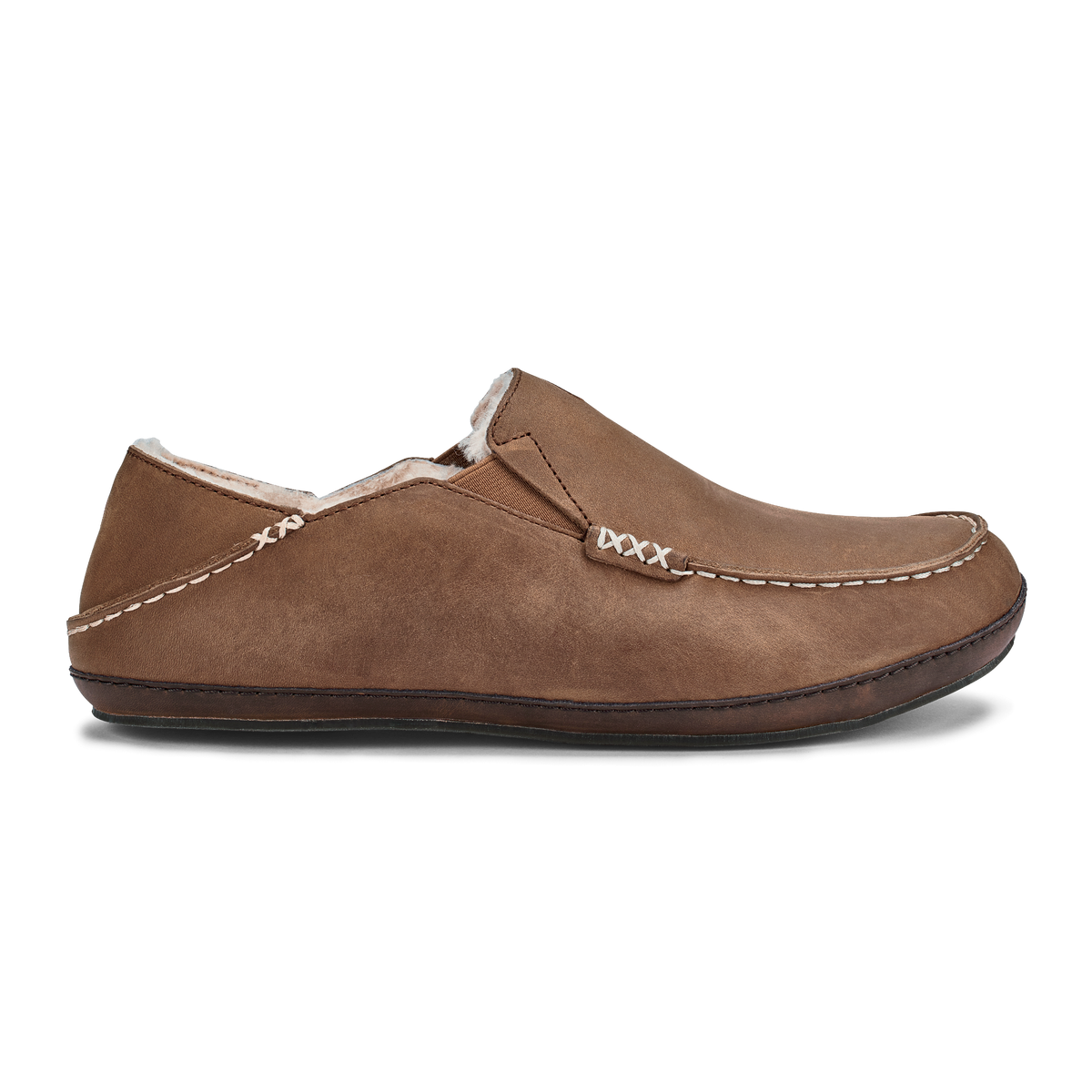 OluKai Moloā Men's Leather Slippers - Toffee / Dark Wood