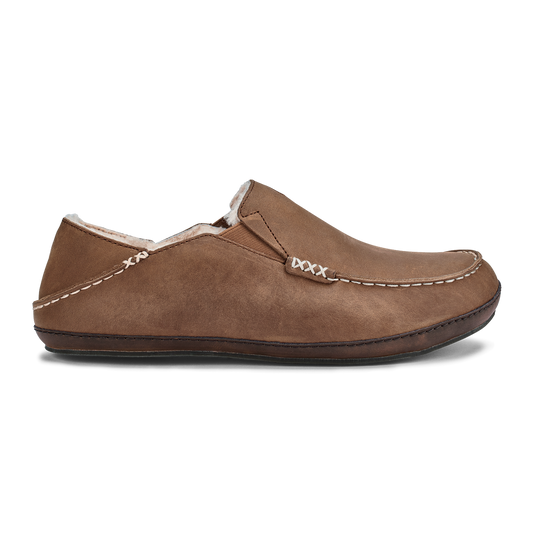 OluKai Moloā Men's Leather Slippers - Toffee / Dark Wood