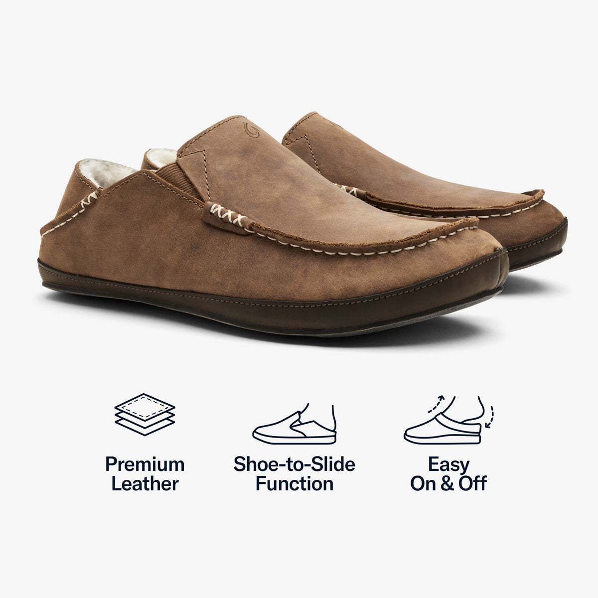 OluKai Moloā Men's Leather Slippers - Toffee / Dark Wood