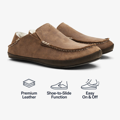 OluKai Moloā Men's Leather Slippers - Toffee / Dark Wood