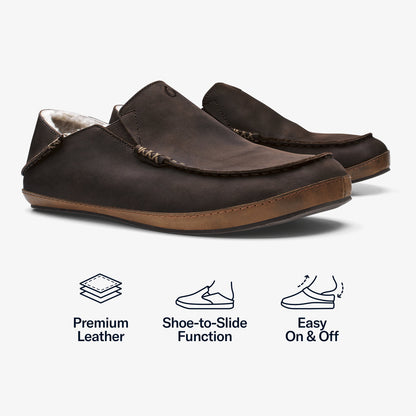OluKai Moloā Men's Nubuck Leather Slippers - Dark Wood