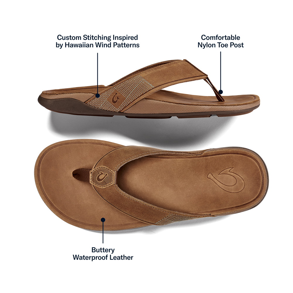 OluKai Tuahine Men's Waterproof Leather Beach Sandals - Toffee