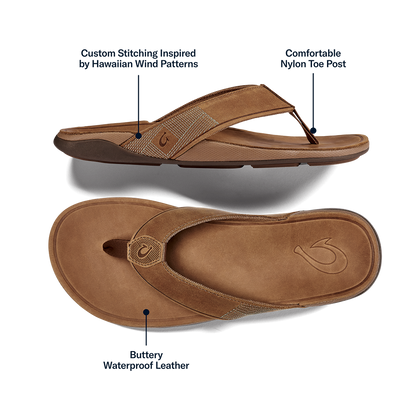 OluKai Tuahine Men's Waterproof Leather Beach Sandals - Toffee