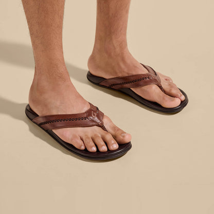 OluKai Mea Ola Men's Leather Sandals - Tan / Dark Java