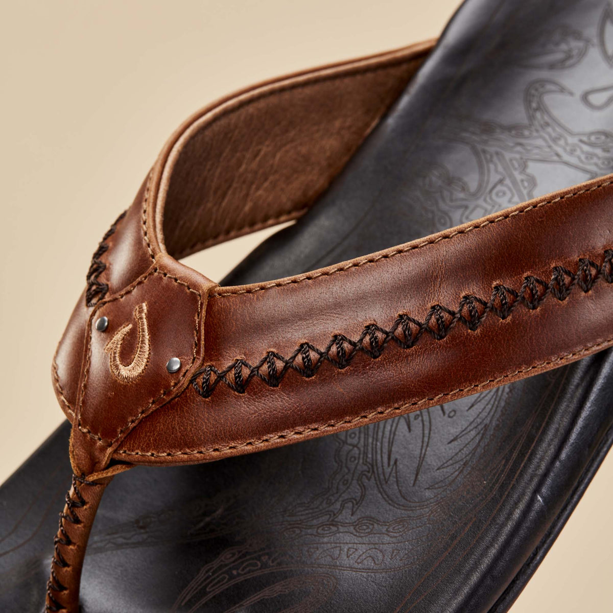 OluKai Mea Ola Men's Leather Sandals - Tan / Dark Java
