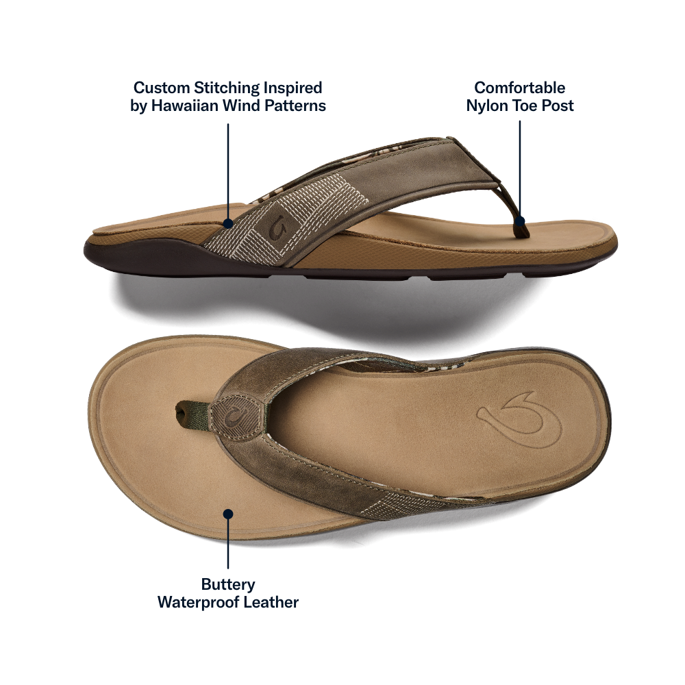 OluKai Tuahine Men's Waterproof Leather Beach Sandals - Hunter