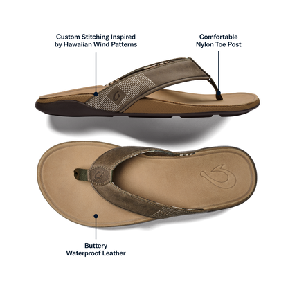 OluKai Tuahine Men's Waterproof Leather Beach Sandals - Hunter