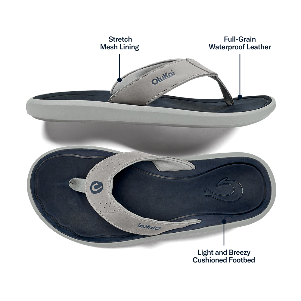 OluKai Pili Men’s Waterproof Leather Sandals - Ash / Mood Indigo
