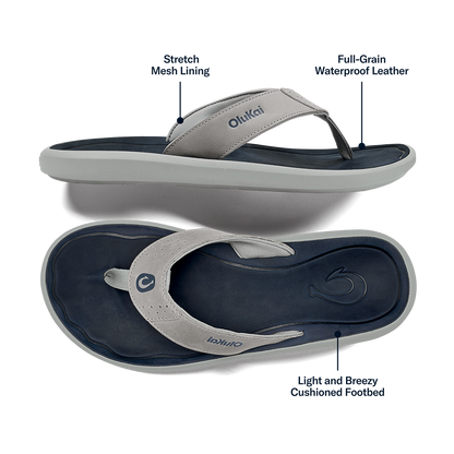 OluKai Pili Men’s Waterproof Leather Sandals - Ash / Mood Indigo