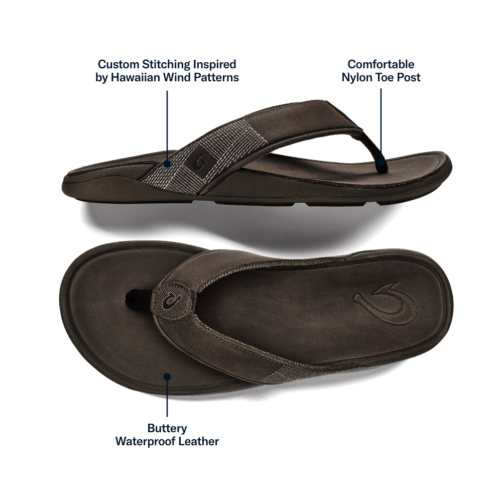 OluKai Tuahine Men's Waterproof Leather Beach Sandals - Dark Wood