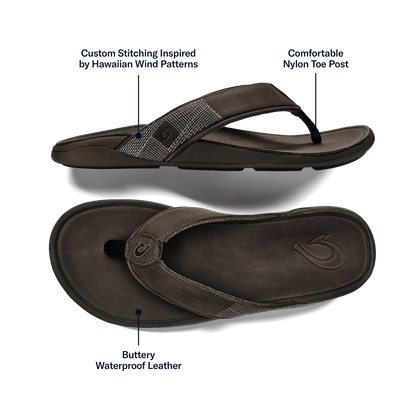 OluKai Tuahine Men's Waterproof Leather Beach Sandals - Dark Wood
