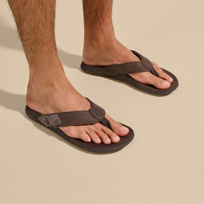 OluKai Tuahine Men's Waterproof Leather Beach Sandals - Dark Wood