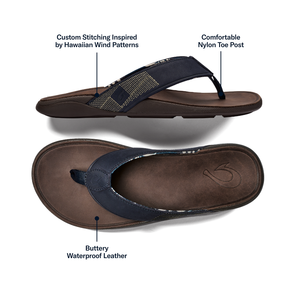 OluKai Tuahine Men's Waterproof Leather Beach Sandals - Trench Blue