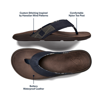 OluKai Tuahine Men's Waterproof Leather Beach Sandals - Trench Blue
