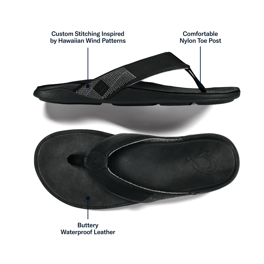 OluKai Tuahine Men's Waterproof Leather Beach Sandals - Black