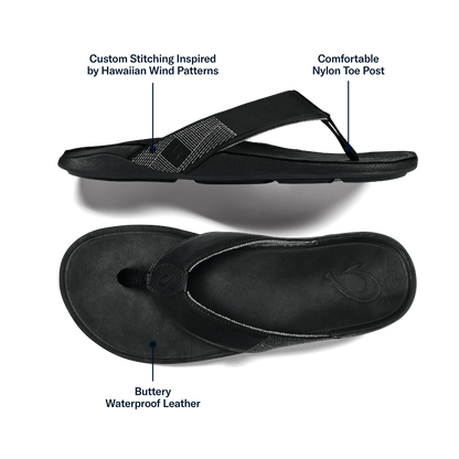 OluKai Tuahine Men's Waterproof Leather Beach Sandals - Black
