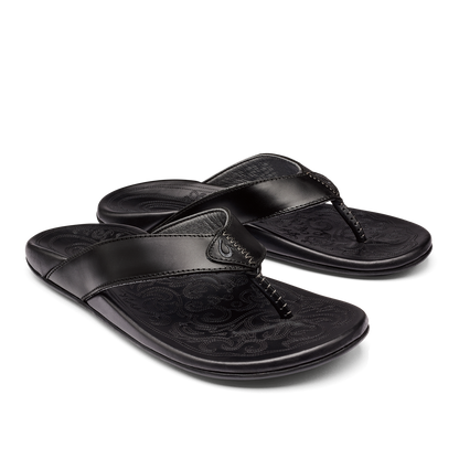 OluKai Mekila Men's Full-Grain Leather Beach Sandals - Black