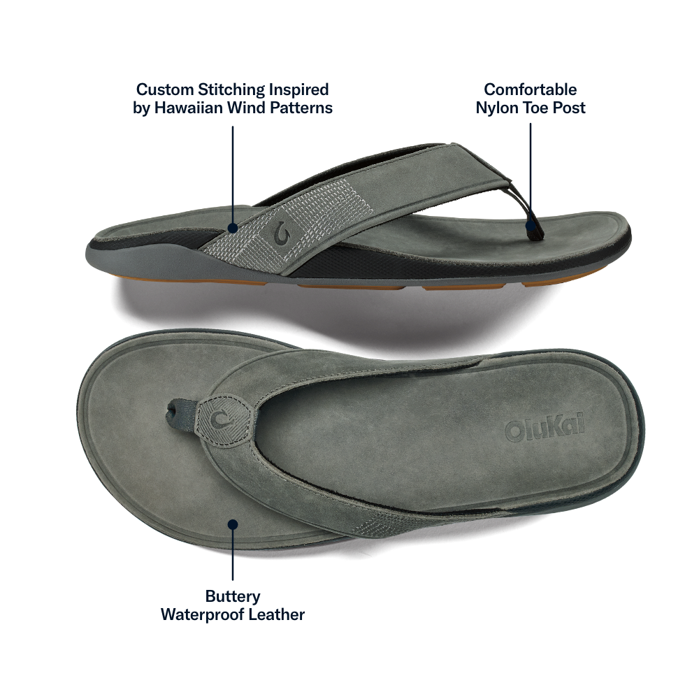 OluKai Tuahine Men's Waterproof Leather Beach Sandals - Rock