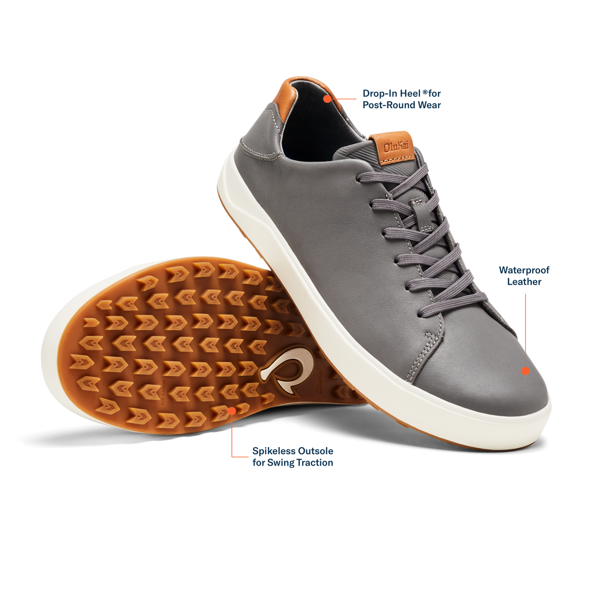 OluKai Wai‘alae Men’s Waterproof Leather Golf Shoes - Stone