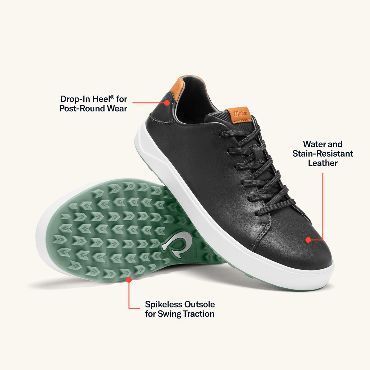 OluKai Wai‘alae Men’s Waterproof Leather Golf Shoes - Black
