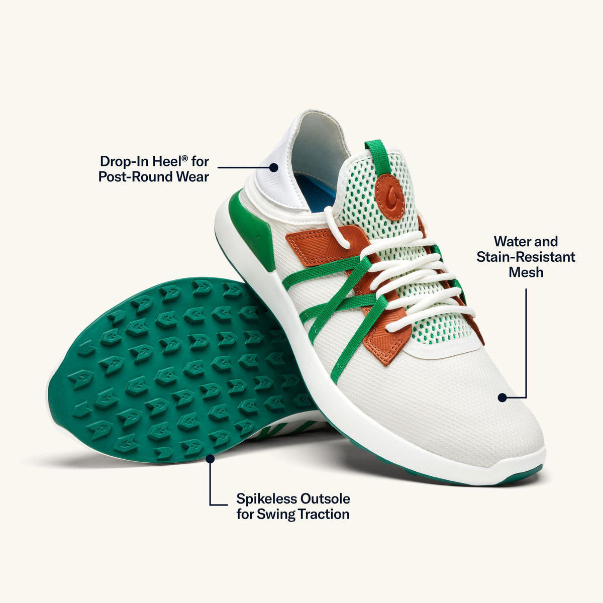 OluKai Manele Men’s Breathable Golf Shoes - White / Bamboo