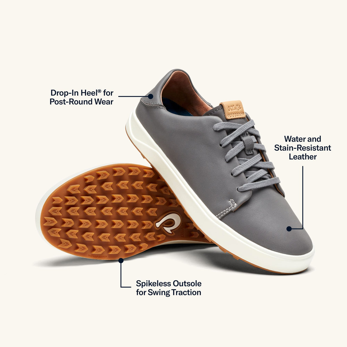 OluKai Wailea Women’s Waterproof Leather Golf Shoes - Stone